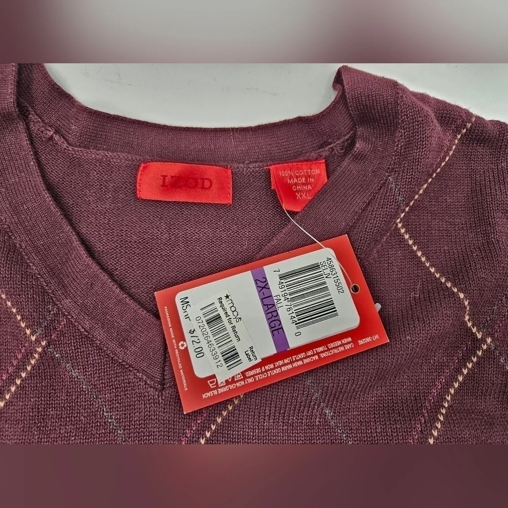 NWT IZOD Burgundy Pullover 100% Cotton Sweater Mens Sz XXL DIAMOND PATTERN